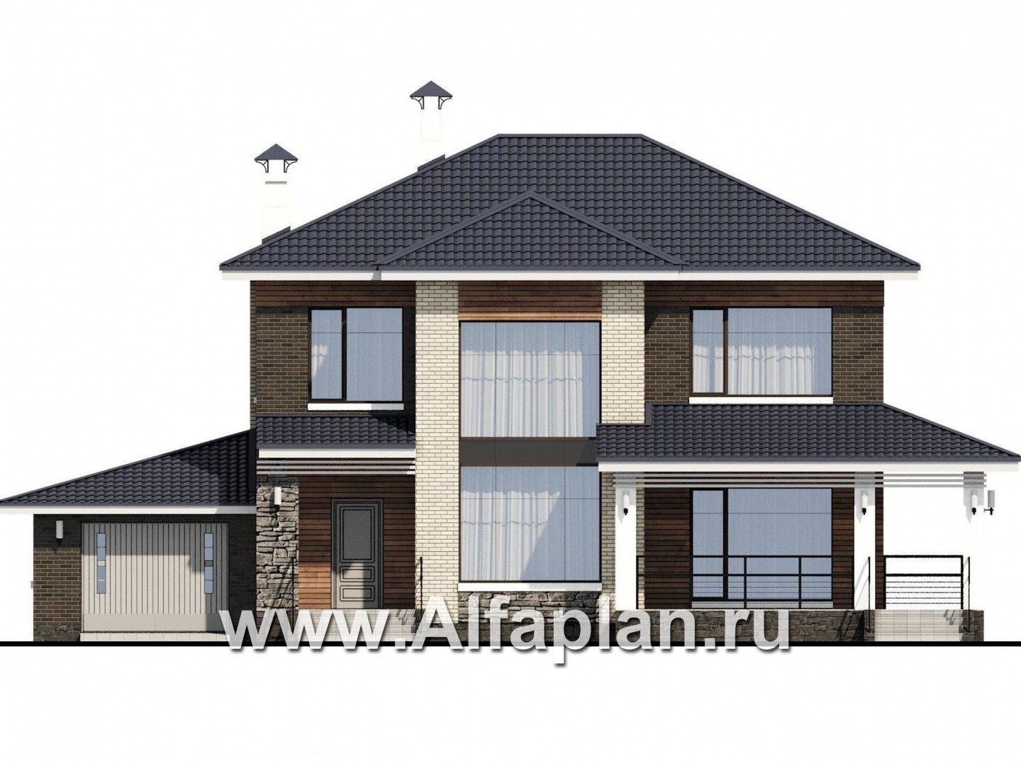 Проекты домов Альфаплан - «Светлая полоса» - современный двухэтажный коттедж - и верандой - изображение фасада №1