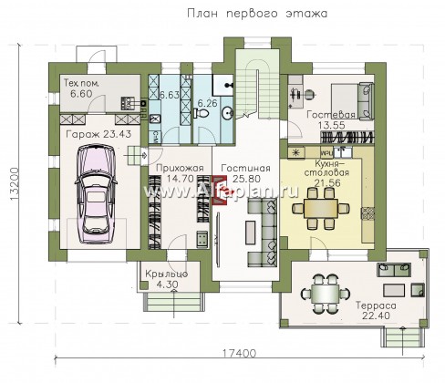 Проекты домов Альфаплан - «Светлая полоса» - современный двухэтажный коттедж - и верандой - превью плана проекта №1