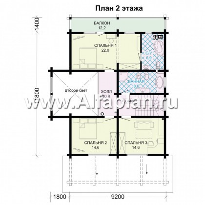 Проект дома с мансардой, из бруса, планировка с террасой и кабинетом на 1 эт, с эркером - превью план дома