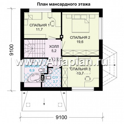 Проект дома с мансардой, 3 спальни, открытая планировка с камином и эркером, гостевая комната на 1 эт - превью план дома