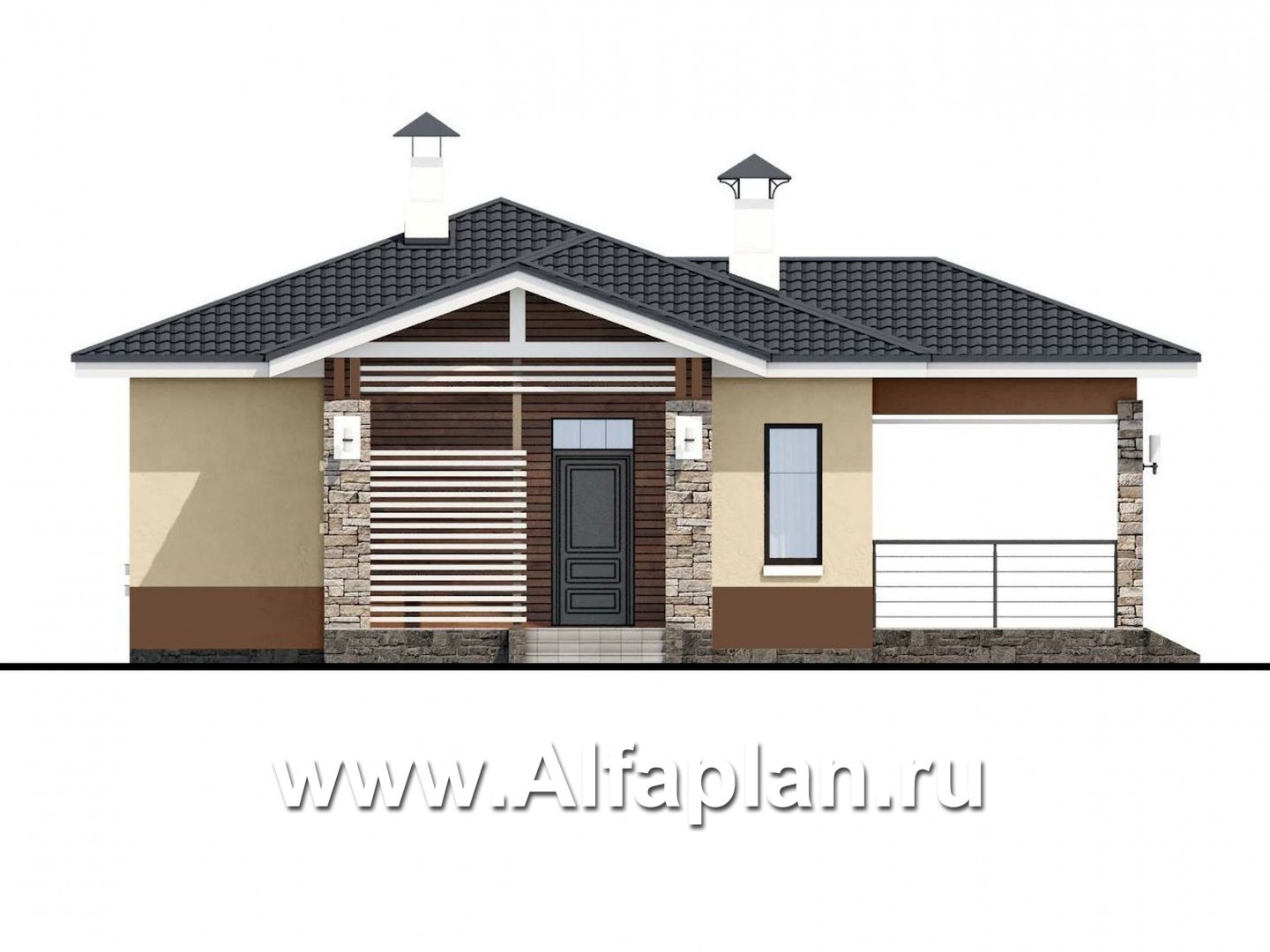 Проекты домов Альфаплан - «Мелета» - проект одноэтажного дома из газобетона, 3 спальни, с террасой, в современном стиле - изображение фасада №1