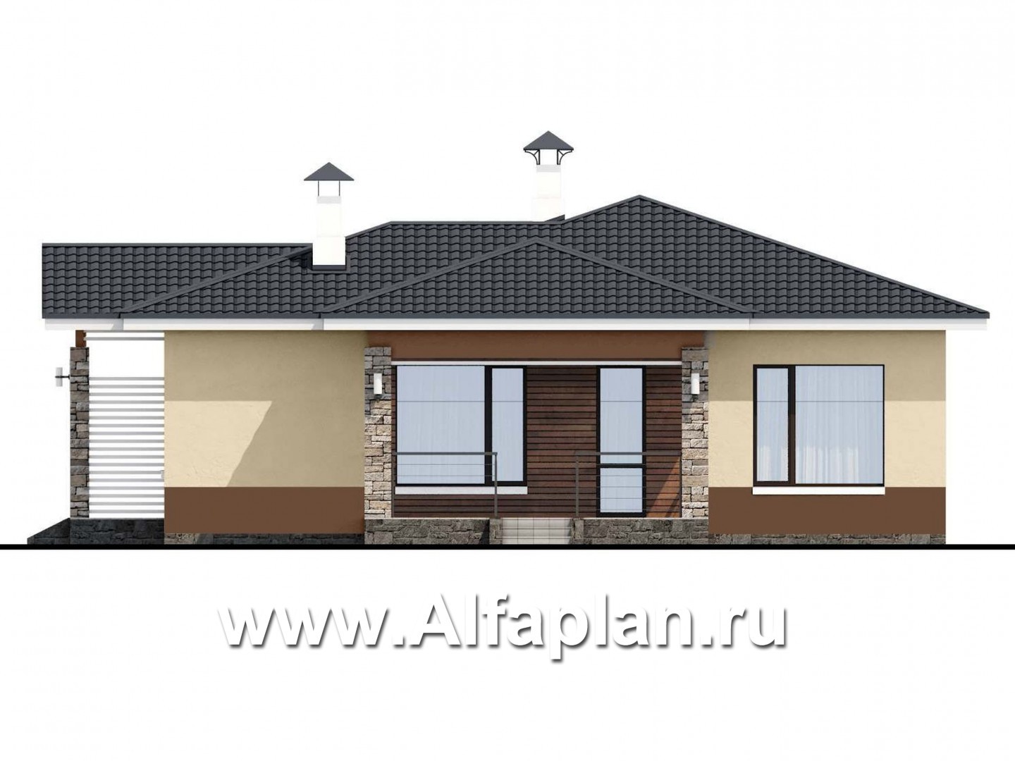 Проекты домов Альфаплан - «Мелета» - проект одноэтажного дома из газобетона, 3 спальни, с террасой, в современном стиле - изображение фасада №2