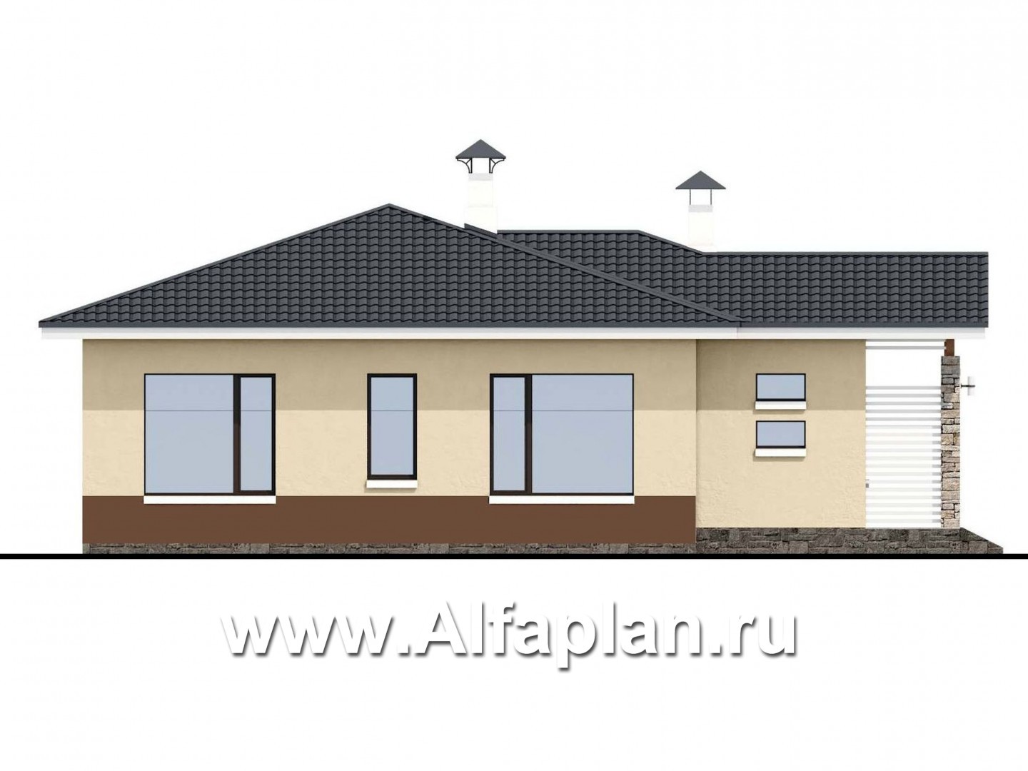 Проекты домов Альфаплан - «Мелета» - проект одноэтажного дома из газобетона, 3 спальни, с террасой, в современном стиле - изображение фасада №3