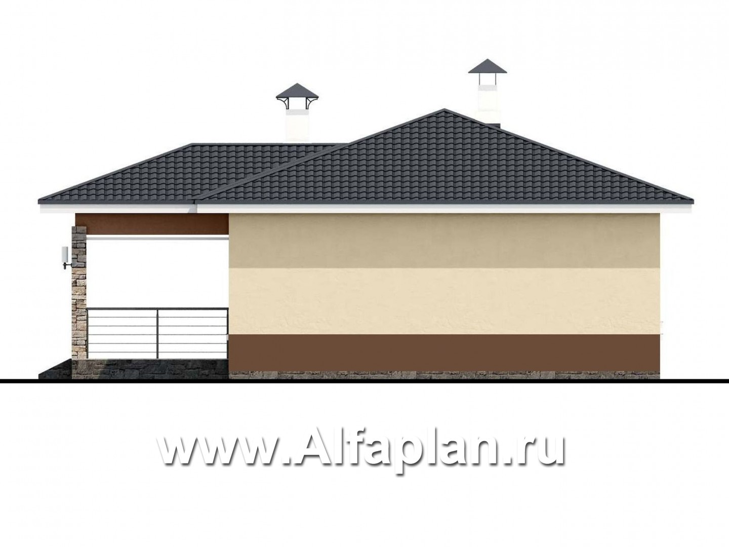 Проекты домов Альфаплан - «Мелета» - проект одноэтажного дома из газобетона, 3 спальни, с террасой, в современном стиле - изображение фасада №4