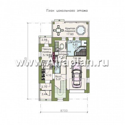 Проект двухэтажного дома с мансардой, с террасой, с гаражом и сауной, цокольный этаж на уровне земли - превью план дома