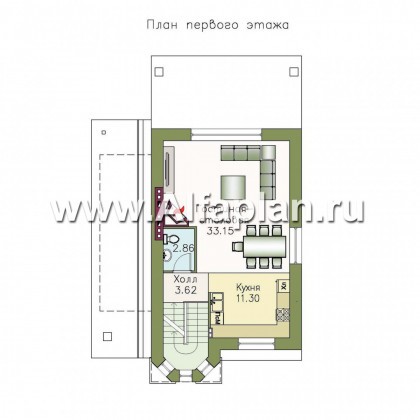 Проект двухэтажного дома с мансардой, с террасой, с гаражом и сауной, цокольный этаж на уровне земли - превью план дома