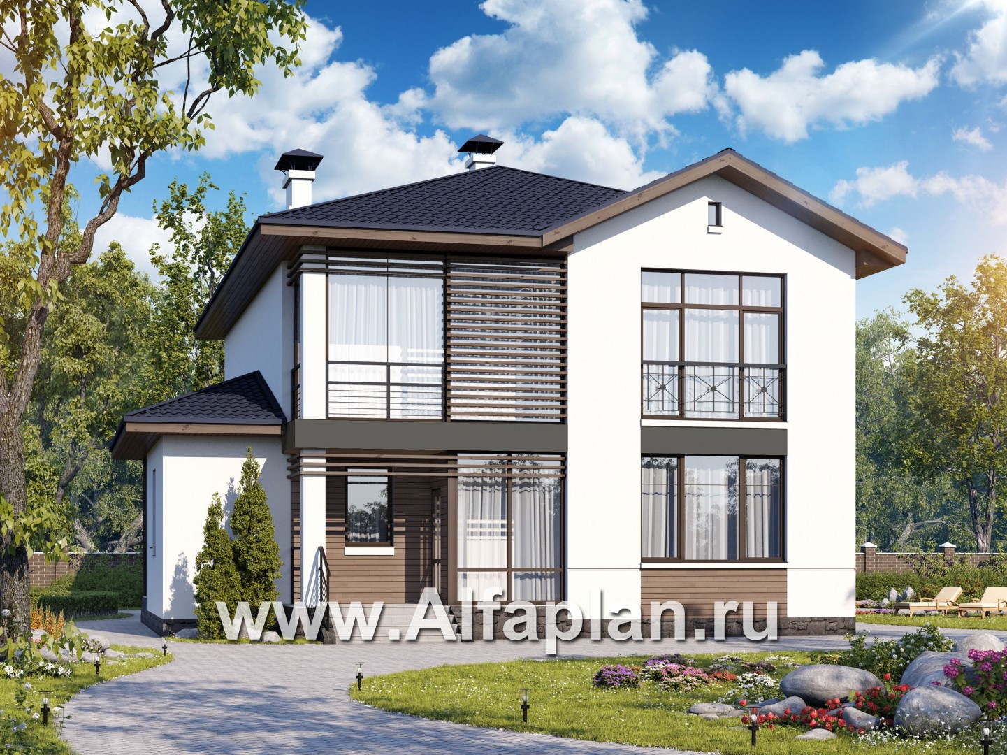 Проекты домов Альфаплан - «Выбор» - проект двухэтажного дома, с террасой, в современном стиле, с комфортной планировкой - основное изображение