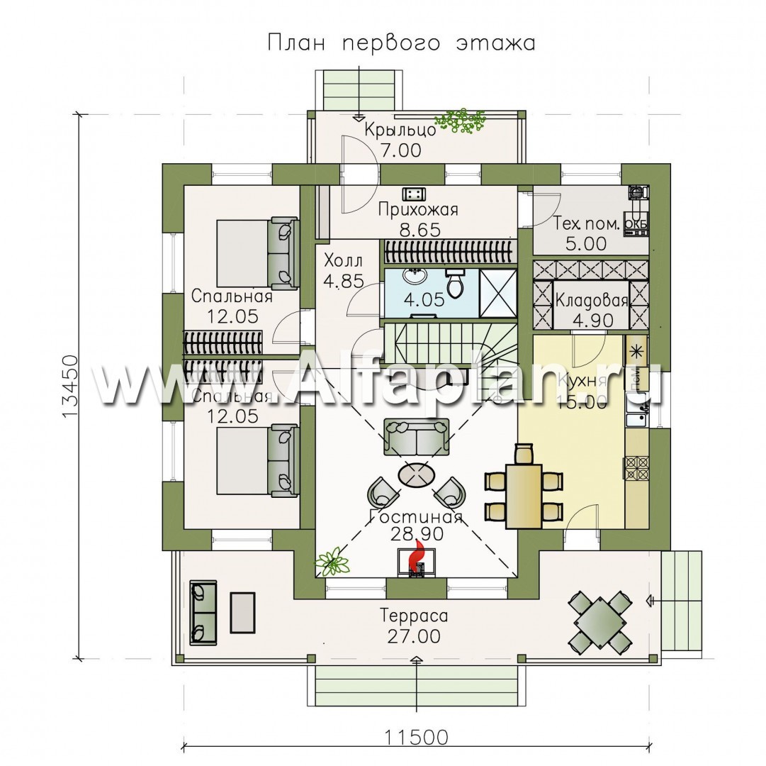 Проекты домов Альфаплан - «Моризо» - проект дома с мансардой, планировка с двусветной гостиной и 2 спальни на 1 эт, шале с двускатной крышей - план проекта №1