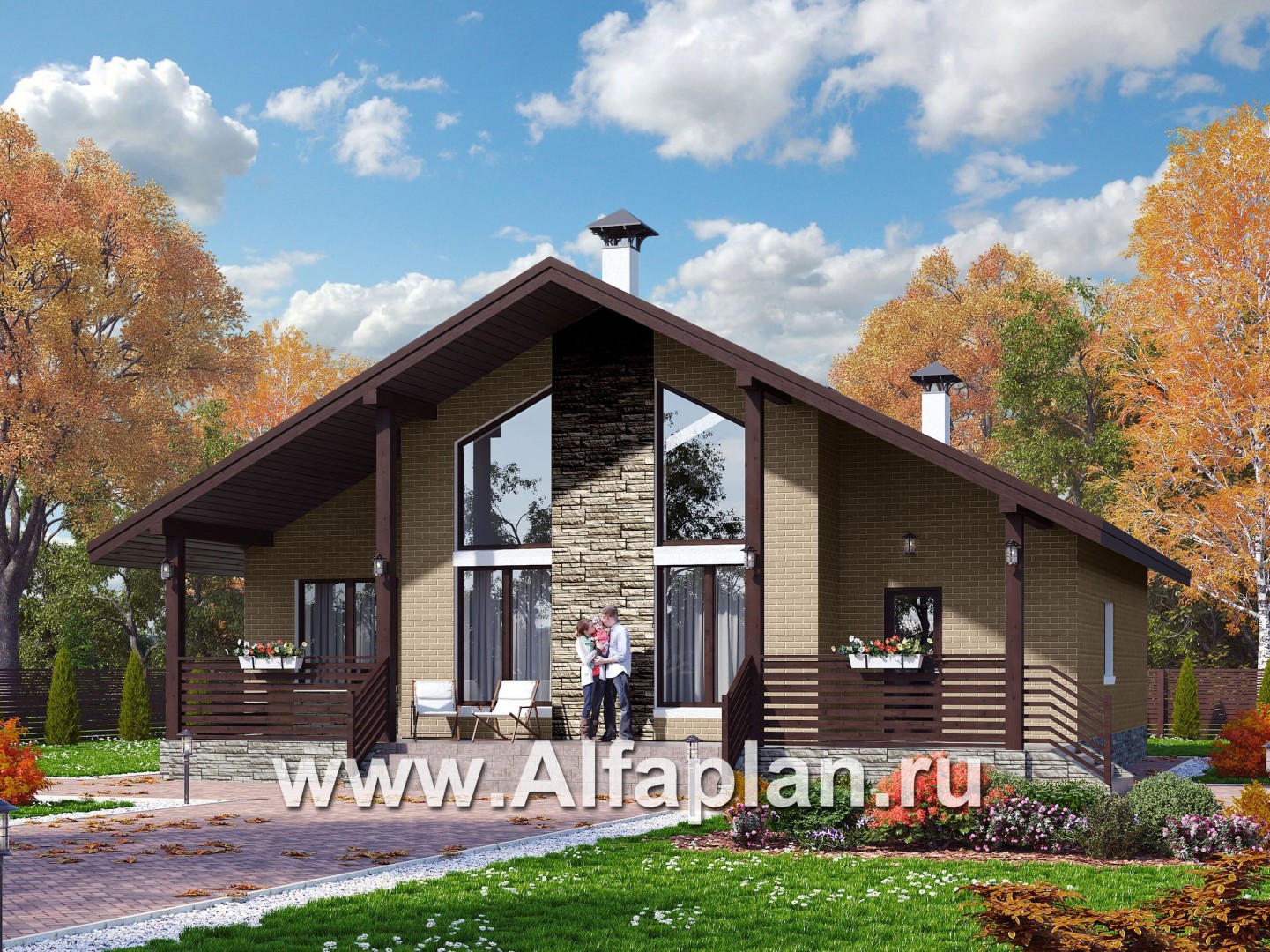 Проекты домов Альфаплан - «Моризо» - проект дома с мансардой, планировка с двусветной гостиной и 2 спальни на 1 эт, шале с двускатной крышей - основное изображение
