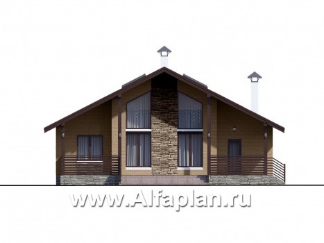 Проекты домов Альфаплан - «Моризо» - проект дома с мансардой, планировка с двусветной гостиной и 2 спальни на 1 эт, шале с двускатной крышей - превью фасада №1