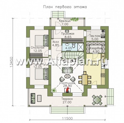 Проекты домов Альфаплан - «Моризо» - проект дома с мансардой, планировка с двусветной гостиной и 2 спальни на 1 эт, шале с двускатной крышей - превью плана проекта №1
