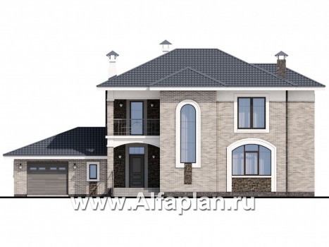 Проекты домов Альфаплан - «Топаз» - проект дома с открытой планировкой и гаражом - превью фасада №1