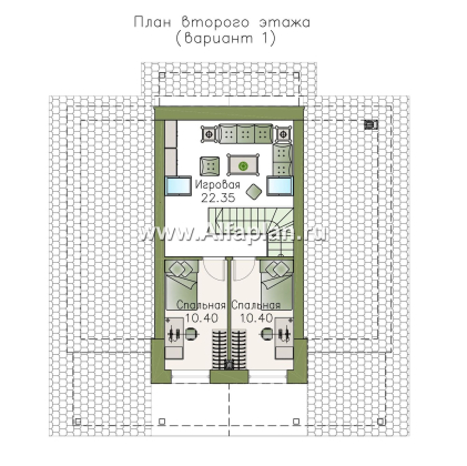 «Моризо» - проект дома с мансардой, планировка 2 спальни на 1 эт и вторая гостиная на 2 эт, шале с двускатной крышей - превью план дома