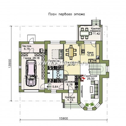 Проекты домов Альфаплан - «Благополучие» - классический коттедж с открытой планировкой и гаражом - превью плана проекта №1