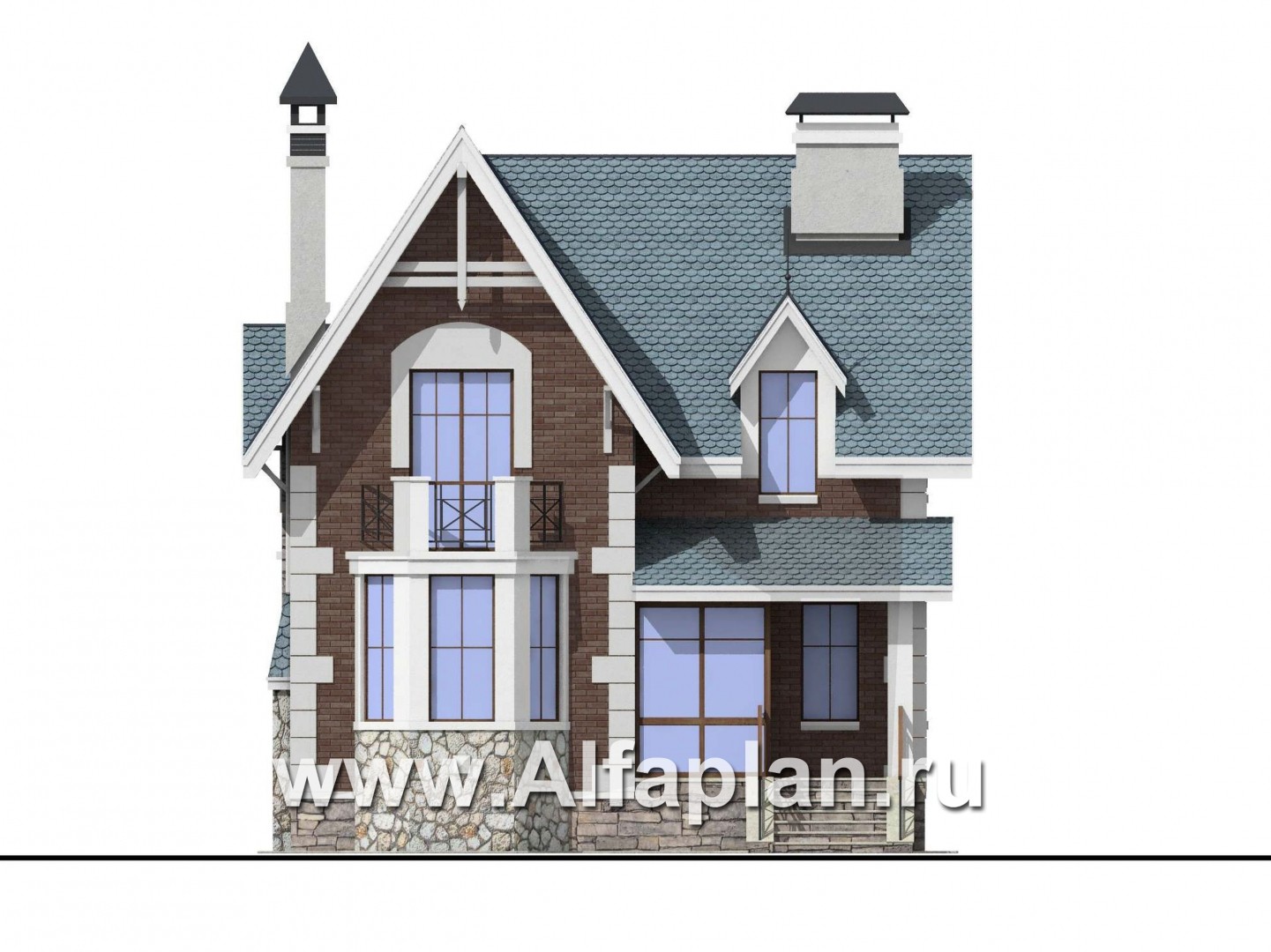 Проекты домов Альфаплан - «Стелла»- проект дома с мансардой, с кабинетом, с террасой, в английском стиле - изображение фасада №1