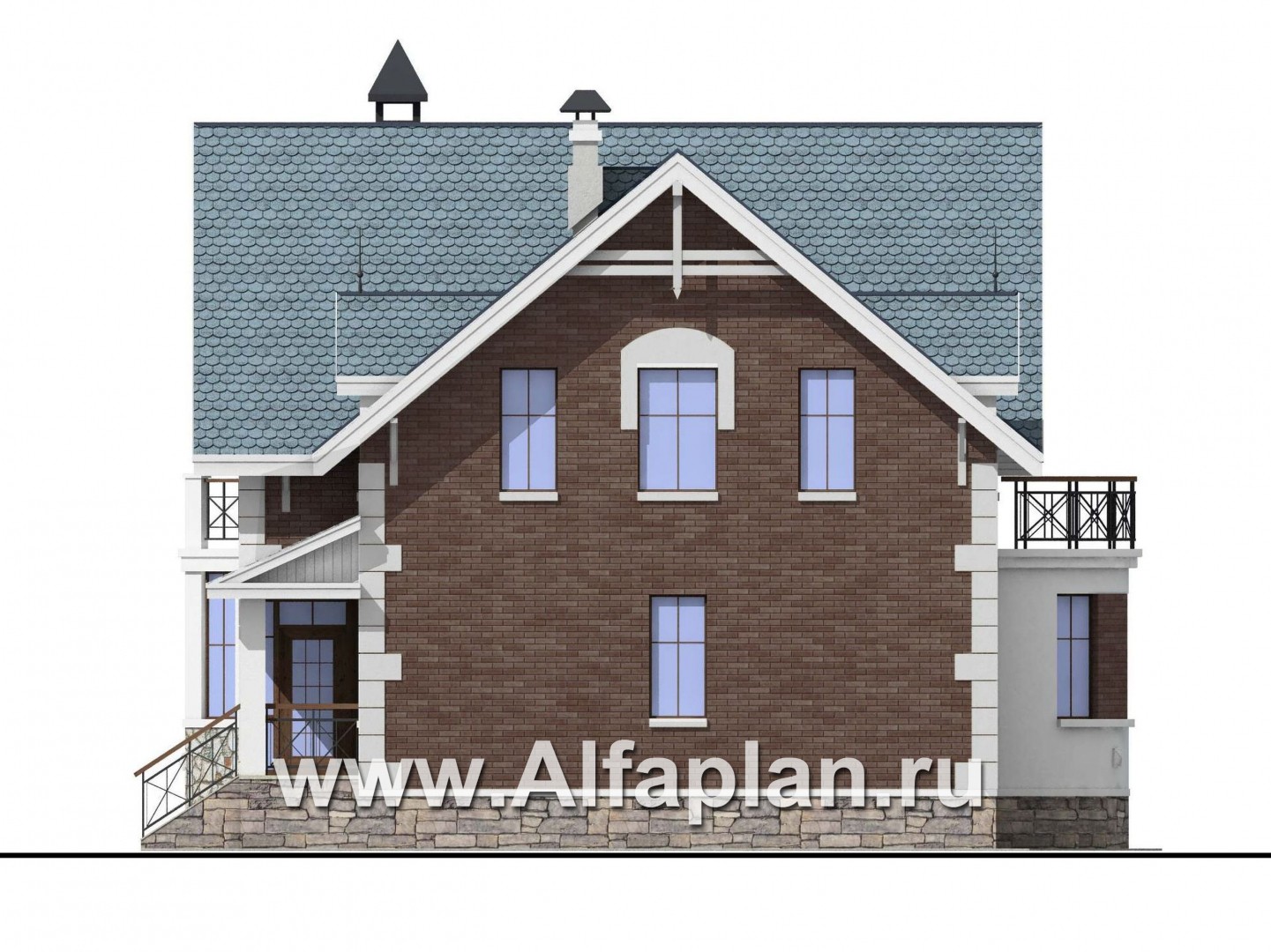 Проекты домов Альфаплан - «Стелла»- проект дома с мансардой, с кабинетом, с террасой, в английском стиле - изображение фасада №2