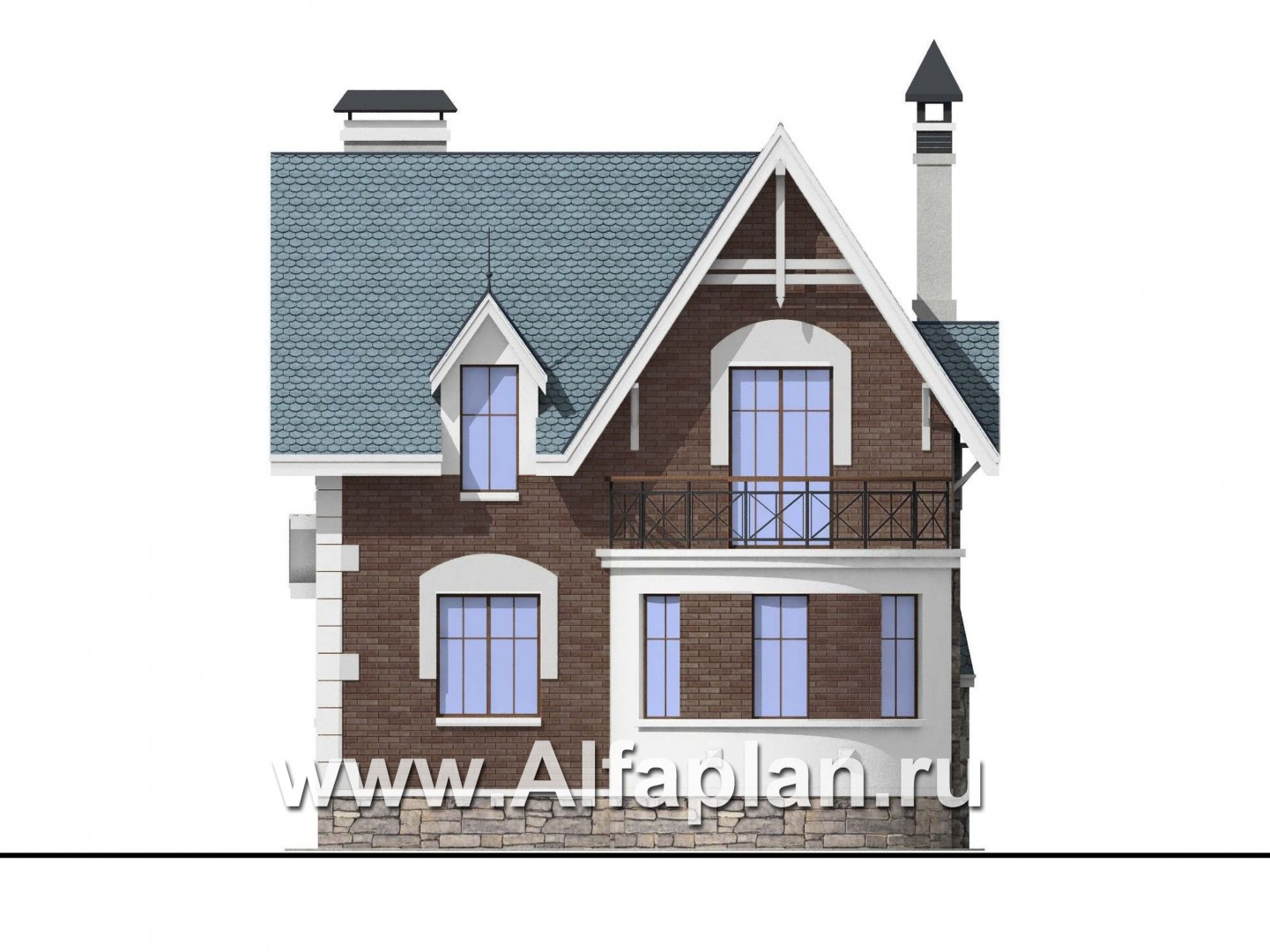 Проекты домов Альфаплан - «Стелла»- проект дома с мансардой, с кабинетом, с террасой, в английском стиле - изображение фасада №4