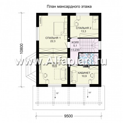 Проект дома с мансардой, 3 спальни, открытая планировка с камином и эркером, спальня на 1 эт - превью план дома