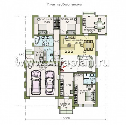 Проекты домов Альфаплан - «Днестр» - одноэтажный коттедж с большим гаражом и террасой - превью плана проекта №1