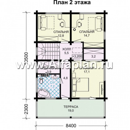 Проект двухэтажного дома из бруса с террасой и с балконом - превью план дома