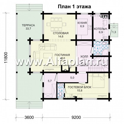 Проект дома с мансардой, из бруса, планировка с террасой и с гостевой квартирой на 1 эт - превью план дома