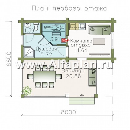 Проект бани, из дерева, из бревен, с террасой - превью план дома