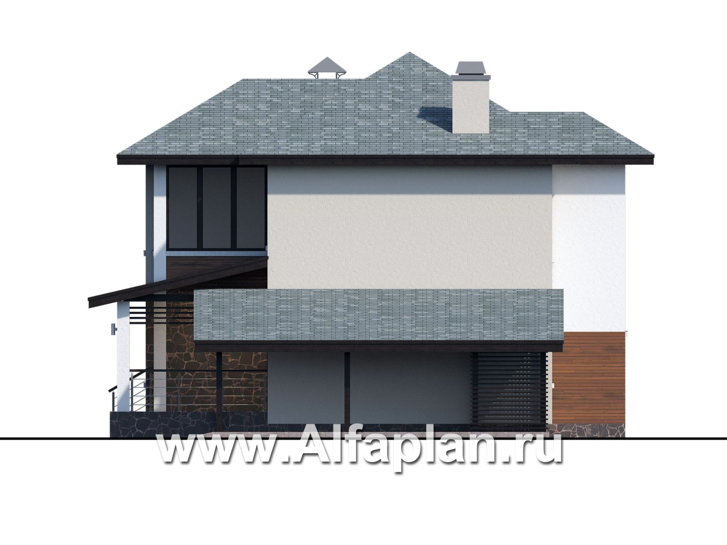 «Траектория» - проект двухэтажного дома, современный стиль, с сауной и с террасой, с навесом на 1 авто - фасад дома