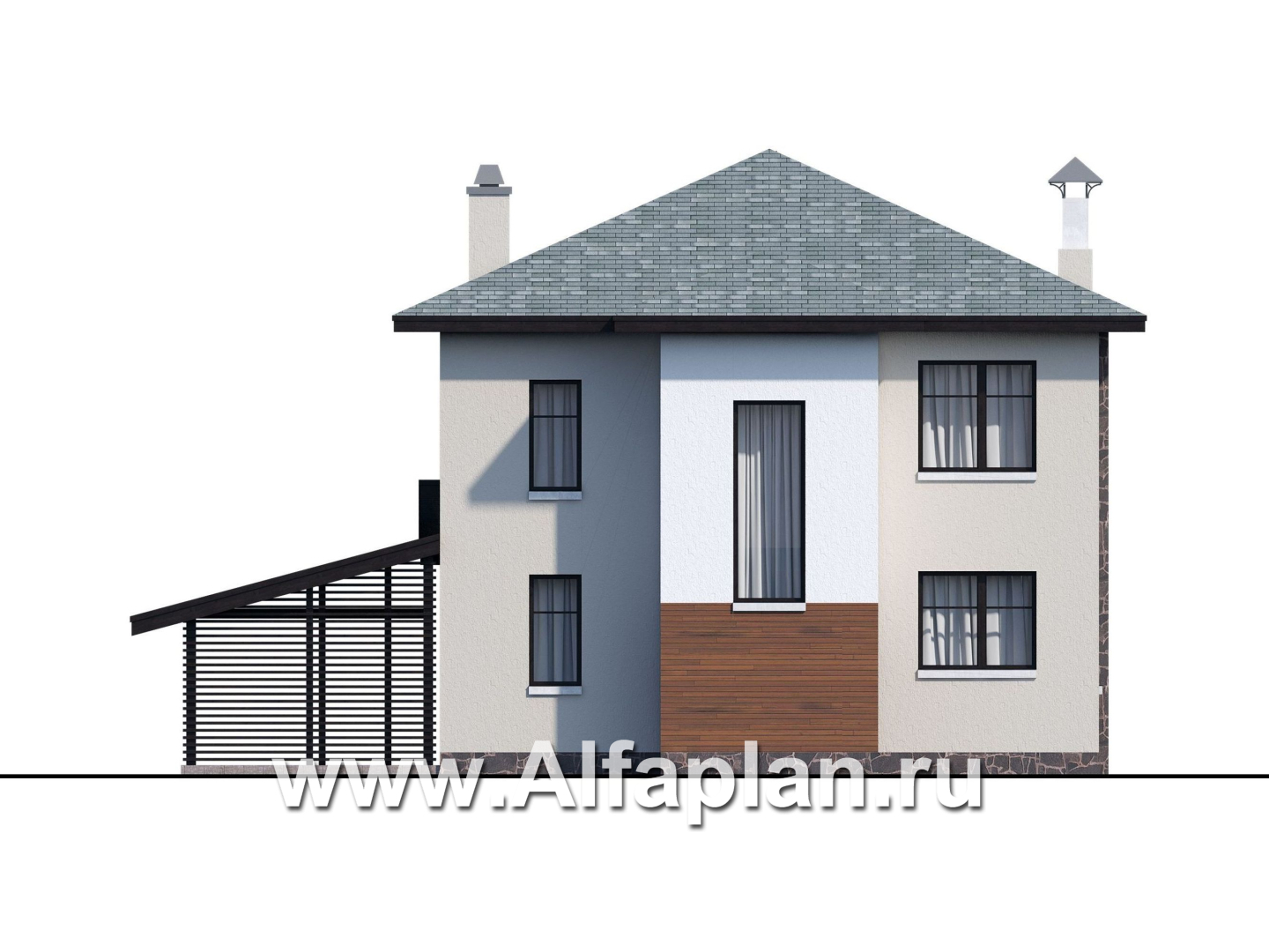Проекты домов Альфаплан - «Траектория» - современный, компактный дом с гаражом-навесом - изображение фасада №4