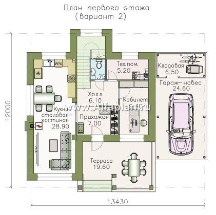 «Траектория» - проект двухэтажного дома, современный стиль, с сауной и с террасой, с навесом на 1 авто - превью план дома