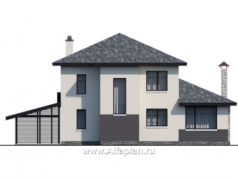 Проекты домов Альфаплан - "Одер" - стильный двухэтажный коттедж из газобетона с гаражом-навесом - превью фасада №4