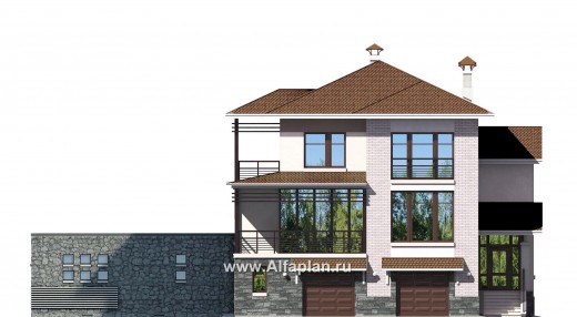 «Светлые времена» - проект трехэтажного дома из кирпича, с сауной и гаражом на 2 авто в цоколе, пристроен бассейн - превью фасада дома - фото №1