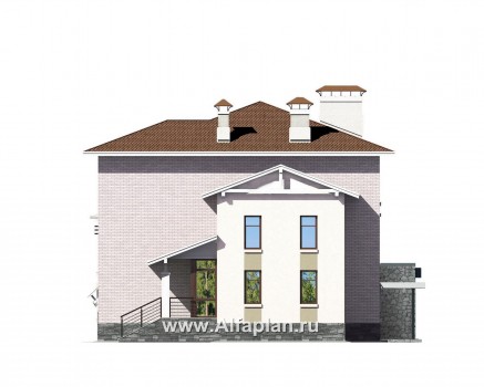 «Светлые времена» - проект трехэтажного дома из кирпича, с сауной и гаражом на 2 авто в цоколе, пристроен бассейн - превью фасада дома - фото №2