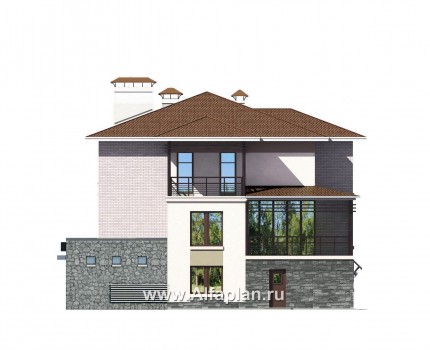 «Светлые времена» - проект трехэтажного дома из кирпича, с сауной и гаражом на 2 авто в цоколе, пристроен бассейн - превью фасада дома - фото №3