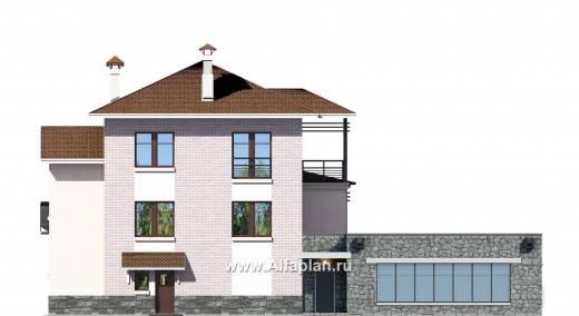 «Светлые времена» - проект трехэтажного дома из кирпича, с сауной и гаражом на 2 авто в цоколе, пристроен бассейн - превью фасада дома - фото №4