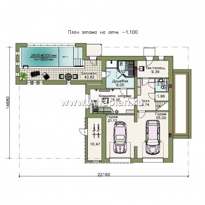 «Светлые времена» - проект трехэтажного дома из кирпича, с сауной и гаражом на 2 авто в цоколе, пристроен бассейн - превью план дома - фото №1