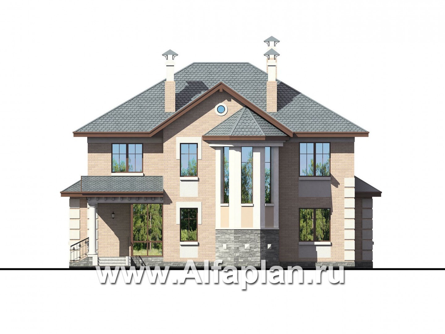 Проекты домов Альфаплан - «Монплезир» - проект двухэтажного дома,с эркером и с террасой - изображение фасада №1