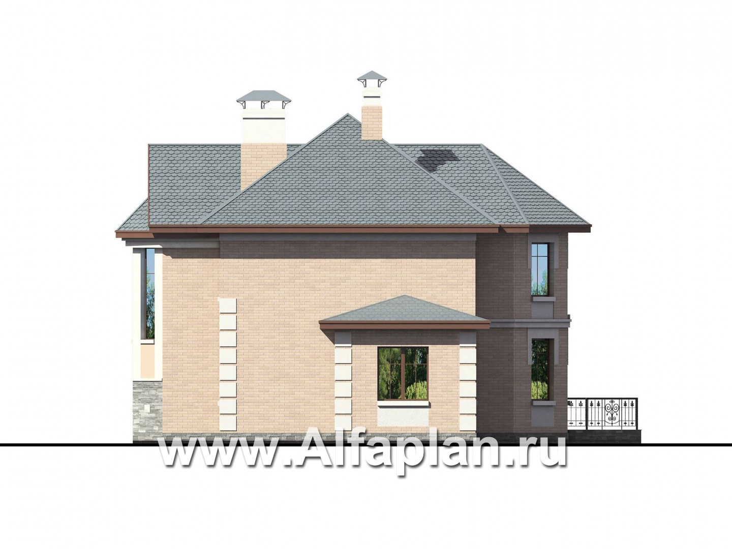 Проекты домов Альфаплан - «Монплезир» - проект двухэтажного дома,с эркером и с террасой - изображение фасада №2