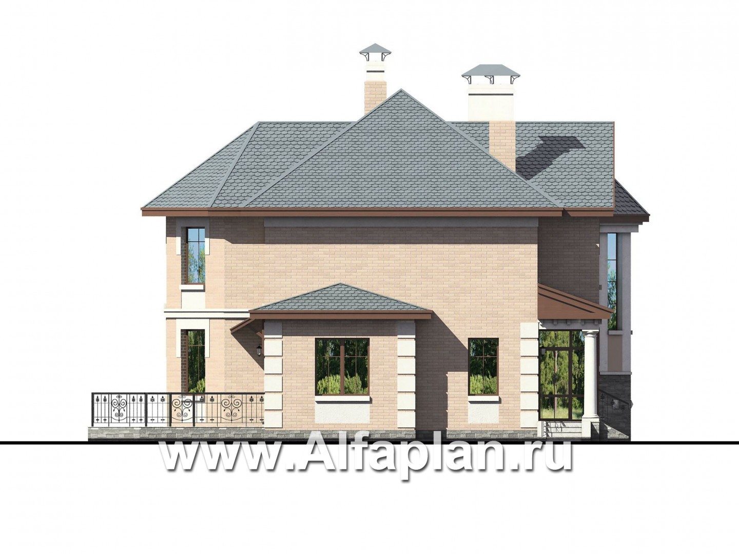 Проекты домов Альфаплан - «Монплезир» - проект двухэтажного дома,с эркером и с террасой - изображение фасада №3