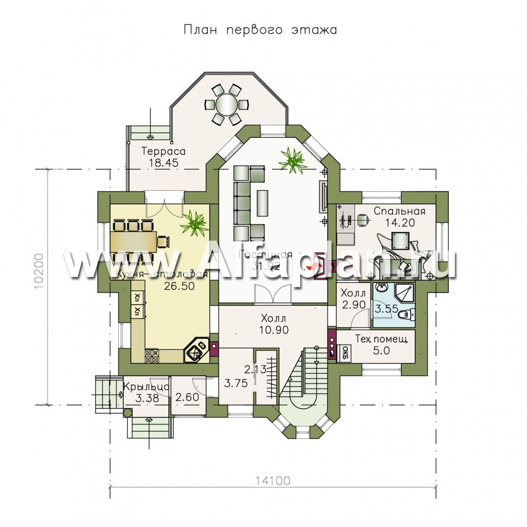 Проекты домов Альфаплан - «Монплезир» - проект двухэтажного дома,с эркером и с террасой - план проекта №1