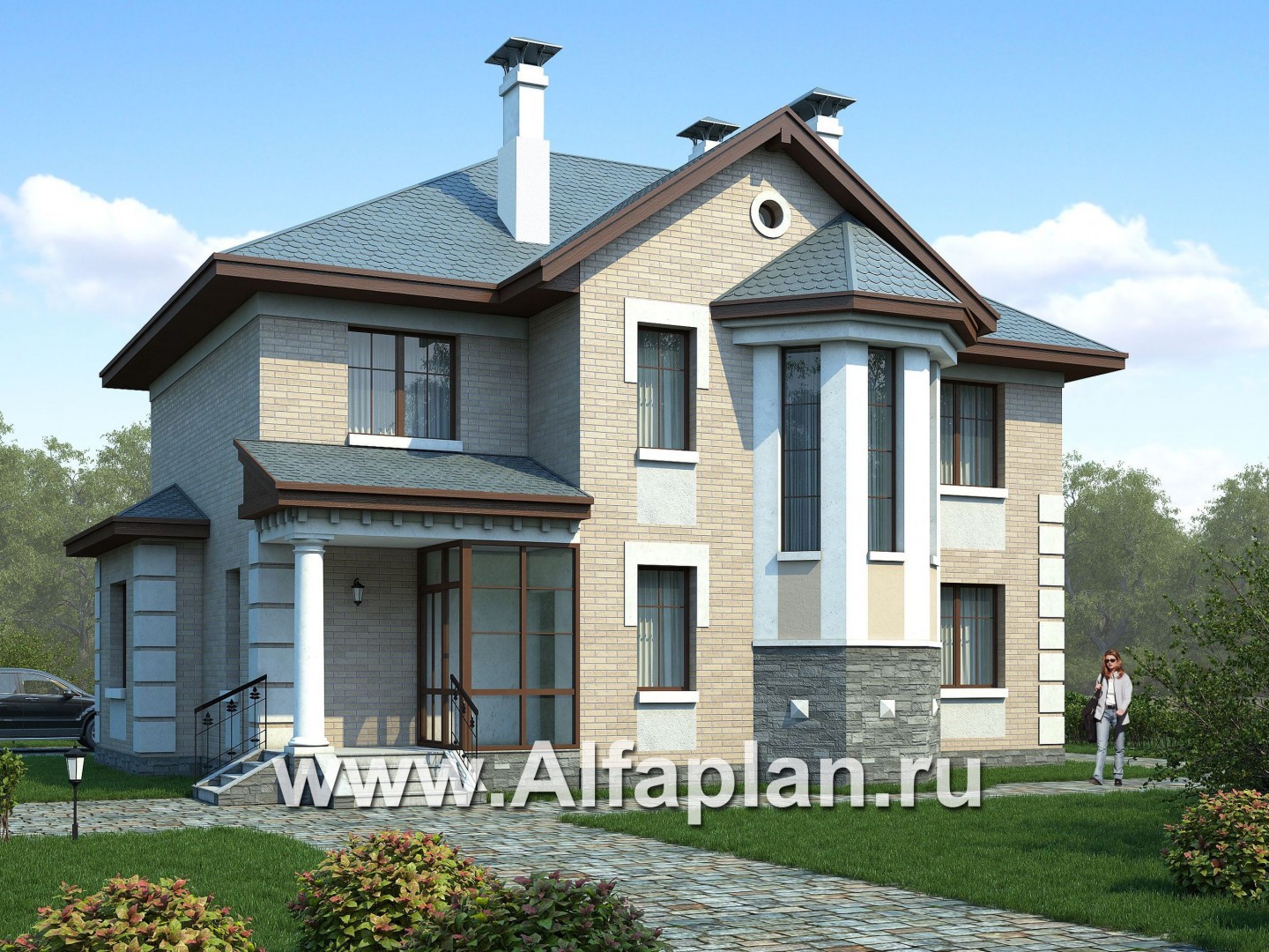 Проекты домов Альфаплан - «Монплезир» - проект двухэтажного дома,с эркером и с террасой - основное изображение