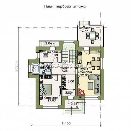 «Прагма» - проект двухэтажного дома из газобетона, с террасой, план с кабинетом на 1 эт - превью план дома