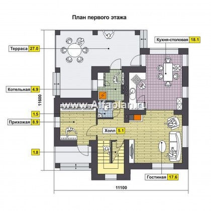 Проект двухэтажного дома, планировка с гостевой на 1 эт и 3 спальни, с большой угловой террасой - превью план дома