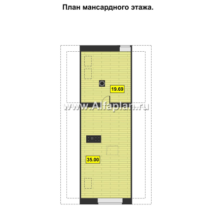 Современный проект дома с мансардой, планировка со вторым светом гостиной и с террасой, 2 спальни на 1 эт - превью план дома