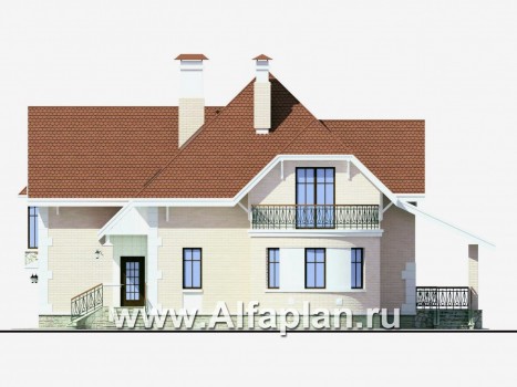 Проекты домов Альфаплан - «Ветер перемен»- коттедж с гаражом и навесом для автомобиля - превью фасада №3