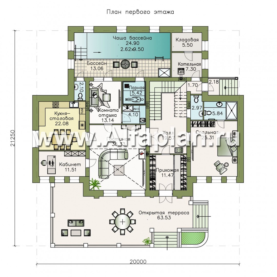 Проекты домов Альфаплан - «Богема» — эксклюзивное классическое поместье с бассейном - план проекта №1