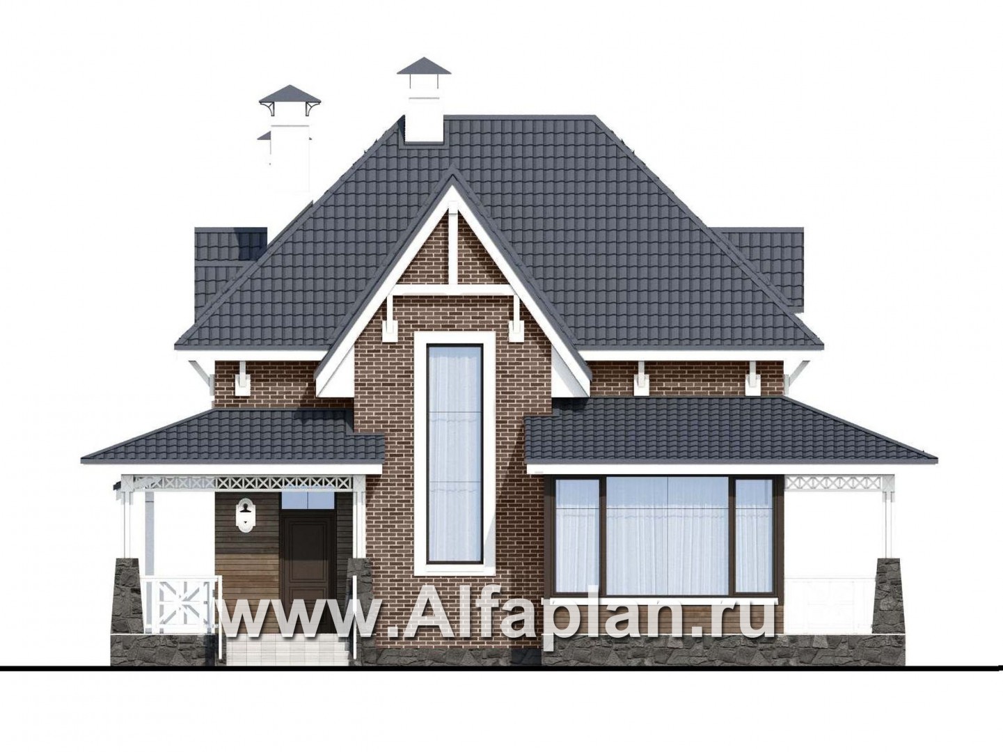 Проекты домов Альфаплан - «Медея» - проект дома из газобетона с мансардой, с верандой на главном фасаде - изображение фасада №1