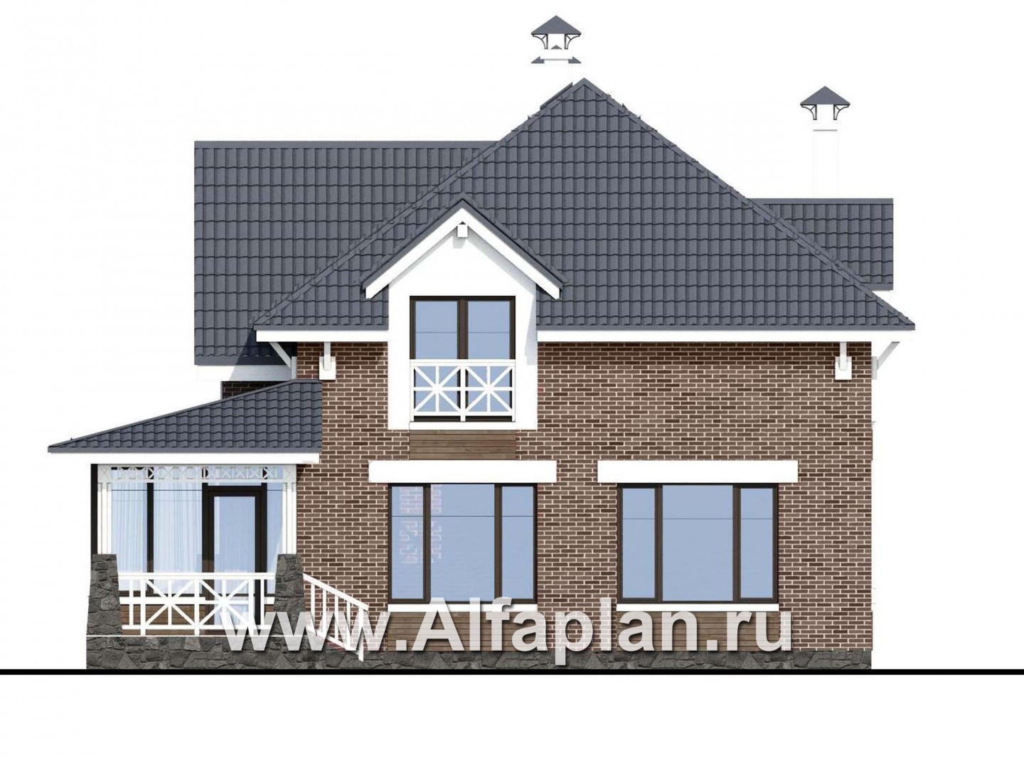 Проекты домов Альфаплан - «Медея» - проект дома из газобетона с мансардой, с верандой на главном фасаде - изображение фасада №2
