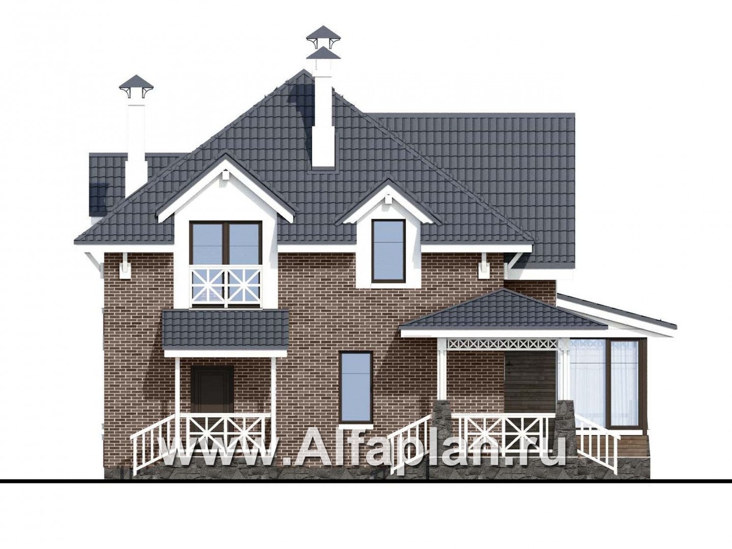 Проекты домов Альфаплан - «Медея» - проект дома из газобетона с мансардой, с верандой на главном фасаде - изображение фасада №3
