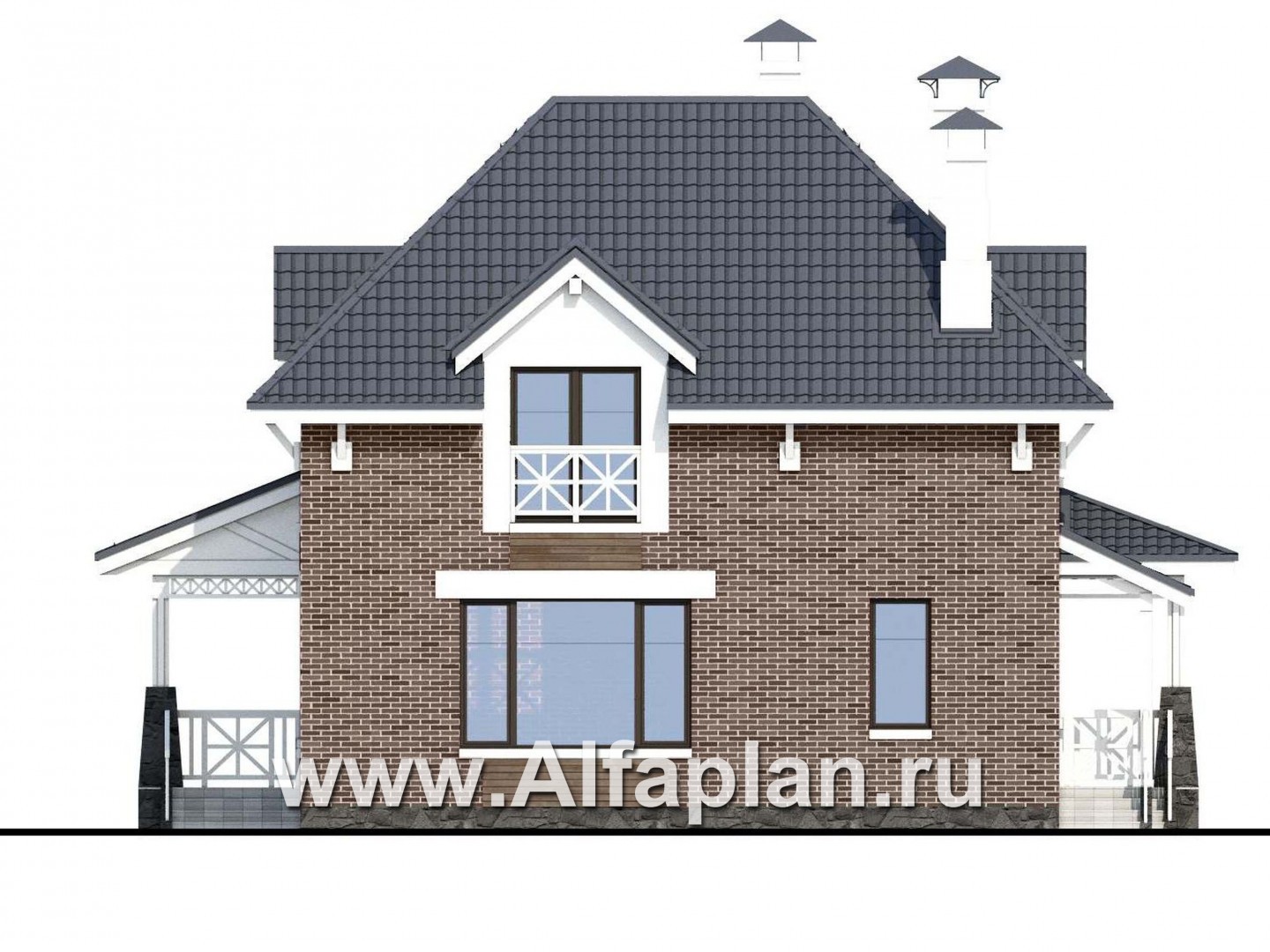 Проекты домов Альфаплан - «Медея» - проект дома из газобетона с мансардой, с верандой на главном фасаде - изображение фасада №4