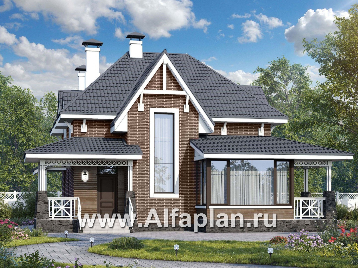 Проекты домов Альфаплан - «Медея» - проект дома из газобетона с мансардой, с верандой на главном фасаде - основное изображение